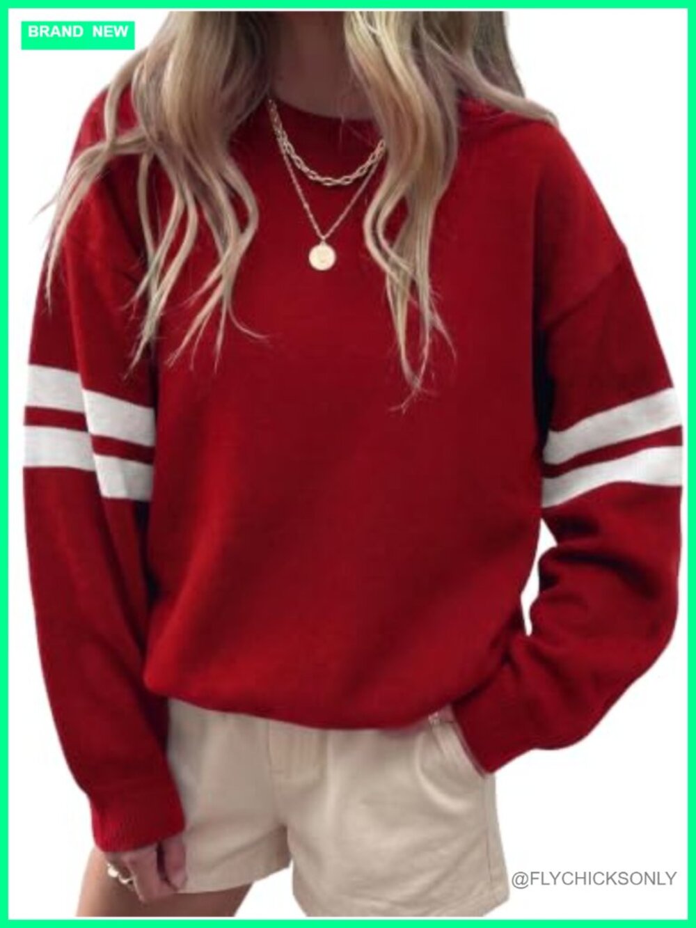 Oversized Striped Varsity Crewneck Pullover Sweater Drop Shoulder